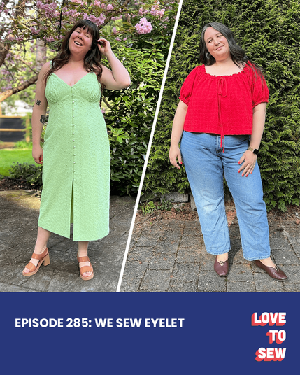 Helen wears a bright green sleeveless eyelet dress with pearl buttons down the front. Caroline wears a red eyelet peasant top with short sleeves and jeans.