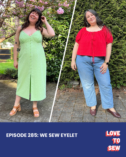 Helen wears a bright green sleeveless eyelet dress with pearl buttons down the front. Caroline wears a red eyelet peasant top with short sleeves and jeans.