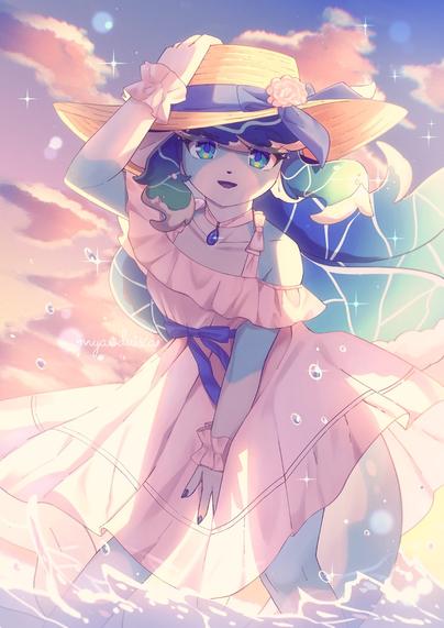 Tags: female, merdog, canine, dog, fantasy, mermaid, casual, dress, water, clouds

Mutya in a sundress and wearing a straw hat. She's partially submerged in water. The sky indicates it's evening or sunset.