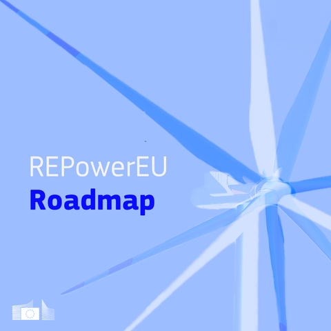 Illustration of a wind turbine on a blue background. Next to it, the text says, 'REPowerEU. Roadmap'. The European Commission logo in the bottom left corner.