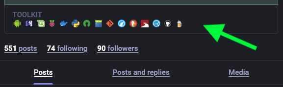 Screenshot of a Mastodon bio with emojis.