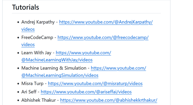 Screenshot showing part of the list of the most valuable creators of AI related tutorials on Youtube.