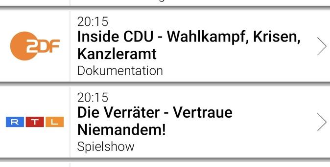 Screenshot vom Fernsehprogramm: ZDF mit Inside CDU, RTL mit Die Verräter, vertraue niemandem!