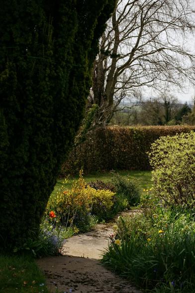 A winding garden path leads through densely planted borders of spring flowers, with tall hedges and bare trees framing the view toward a hazy rural landscape