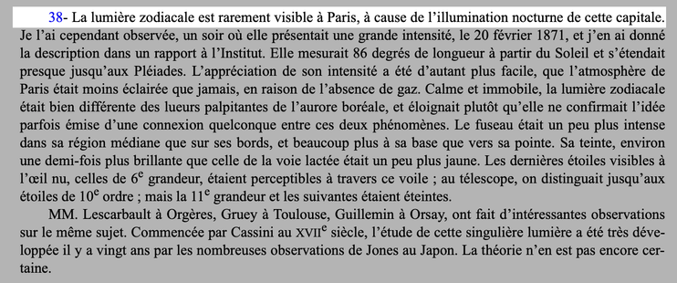 In note 38 of Camille Flammarion’s Astronomie Populaire, a mention to light pollution in Paris: "38- La lumiére zodiacale est rarement visible à Paris, à cause de I’illumination nocturne de cette capitale. (…)”.