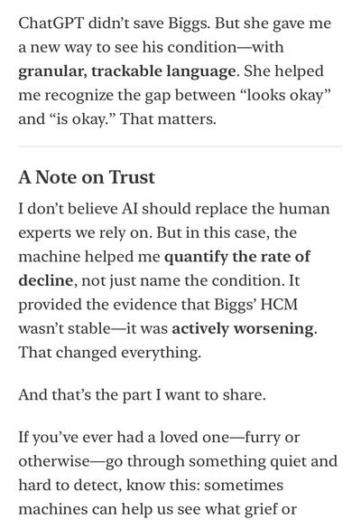 ChatGPT didn't save Biggs. But she gave me a new way to see his condition-with granular, trackable language. She helped me recognize the gap between "looks okay" and "is okay." That matters.
A Note on Trust
I don't believe Al should replace the human experts we rely on. But in this case, the machine helped me quantify the rate of decline, not just name the condition. It provided the evidence that Biggs' HCM wasn't stable—it was actively worsening.
That changed everything.
And that's the part I want to share.
If you've ever had a loved one—furry or otherwise-go through something quiet and hard to detect, know this: sometimes machines can help us see what grief or