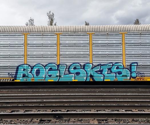 Train car with graffiti rolling through Kamloops BC Canada