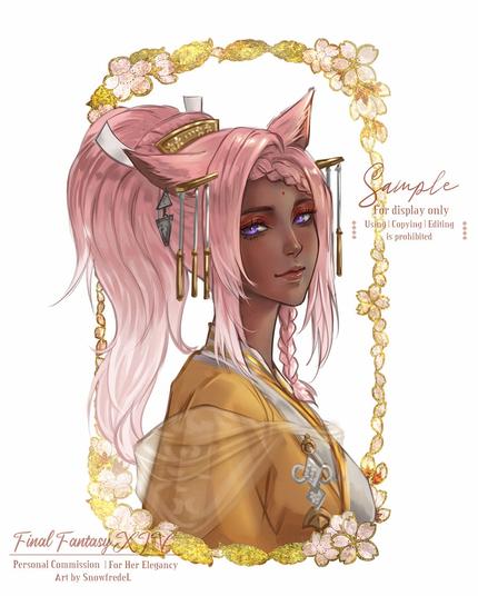 Partially rendered, rough color of Cute miqote oc character art commission from final fantasy xiv FFXIV with on white background in bust shot she wears a yellow hanfu outfit, has ponytail pink hairstyle. with cherry blossom decorated gold frame art for HerElegancy #snowfredelart