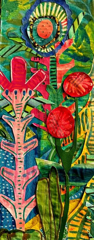 a joyful paper collage of bright, colorful, surreal, flowers, and plants