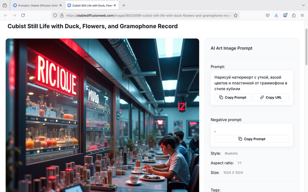 A picture of a late-night diner counter with a LOT of salt shakers, in harsh lighting, generated from a Russian prompt looking for "cubist still life with duck, flowers and gramophone record"