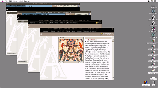 Encarta 95, 96, 97, and 98 simultaneously running on Macintosh System Software 7.1, via BasiliskII.