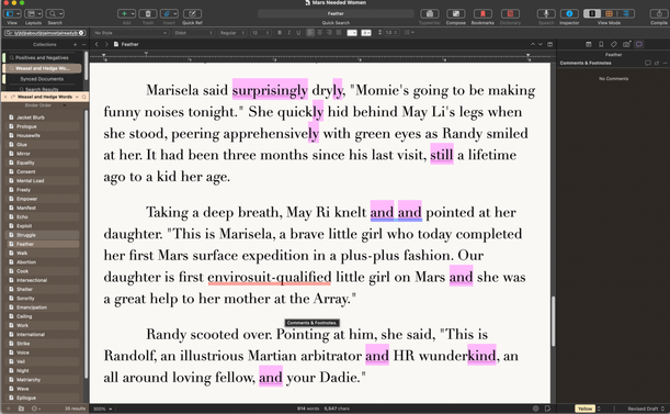 The image is a screen capture of Scrivener running with a RegEx search turned on. Some words are highlighted in purple, and is of little use if you aren't sighted. I am not sure the app has accessibility features or whether the highlights are pronounced by a screen reader.