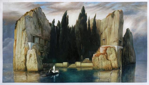 Toteninsel: A surreal landscape featuring a rocky island with tall cypress trees and a partially visible building. A small boat is on the water, approaching a staircase that leads to the island. The sky is overcast with a blend of muted colors, creating a serene and depressive atmosphere