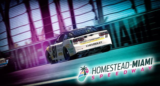 Simulated NASCAR stock car on track at Homestead-Miami Speedway. Number 81. White, yellow, and black color scheme. Little Bear Sanctuary the primary sponsor. Pink and teal color overlay on the image, and the Homestead-Miami Speedway logo bottom right.