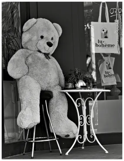 Schwarzweissfoto, in einer Ladenpassage sitzt (in der linken Bildhälfte) ein ca. 140 cm großer Teddybär auf einem Barhocker, davor steht ein kleiner runder Bistro-Tisch, darauf eine kleine Vase und weitere kleine Gegenstände. Der Stoff-Bär lehnt an der im Hintergrund befindlichen Schaufensterscheibe eines Ladenlokals. In der Auslage stehen kunstgewerbliche Gegenstände, im Schaufenster hängen am rechten Bildrand 2 Stofftaschen mit dem Aufdruck 'Lu Boheme'