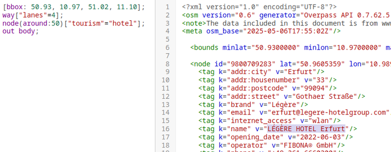 Screenshot of Overpass Turbo, the query described in the post on the left side and the result as XML on the right.