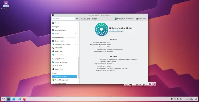 Screenshot of the KDE Plasma 6.3.5 desktop environment showing the System Settings app.