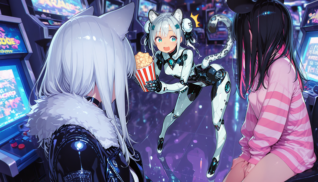 One character, holding popcorn and looking at the other two characters, who are looking back at them. They're in an arcade.