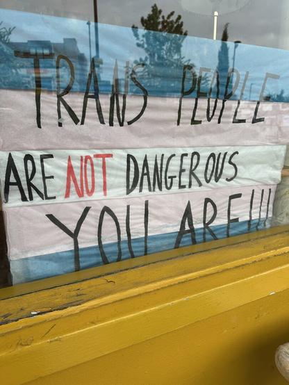A poster in a cafe window, the following text on a Trans flag: Trans people are not dangerous You are