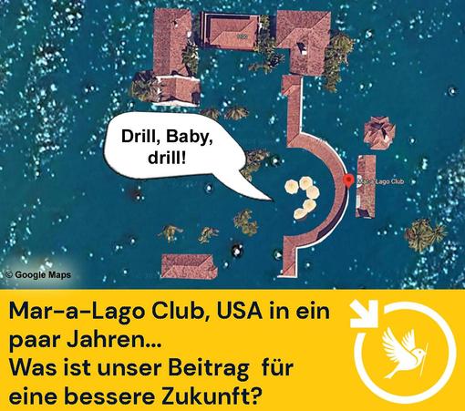 Wir sehen nur noch die Dächer des Anwesens Mar-A-Lago des Amerikanischen Präsidenten in Florida, USA. Der rest ist bereits unter Wasser. Eine Sprechblase mit "Drill, Baby, drill!" deutet an, dass der Präsident selbst unter Wasser ist.
Auf der Bauchbinde des Bildes steht:
Mar-a-Lago Club, USA in ein paar Jahren...
Was ist unser Beitrag für eine bessere Zukunft?
Unten rechts ist unser Logo: der Ulmer Spatz im Pfeilkreis von LocalZero. (Pfeilkreis bedeutet: Ein Kreis, an dessen oberer linken Seite ein Pfeil nach unten weist)