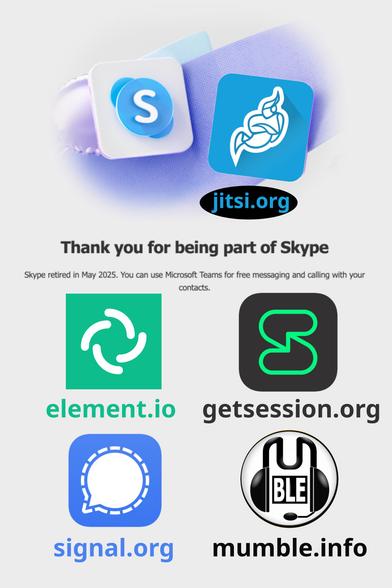 The image is a modified version of the Skype end-of-life graphic, promoting Jitsi instead of Microsoft Teams. At the top, there are two icons: the Skype logo on the left and the Jitsi logo on the right, with the text "jitsi.org" below them. The message reads, "Thank you for being part of Skype. Skype retired in May 2025. You can use Jitsi, a free and open-source video conferencing platform, for messaging and calling with your contacts." Below this message, there are logos for five alternative communication platforms: Element, Session, Signal, and Mumble. Each logo is accompanied by its respective website URL: element.io, getsession.org, signal.org, and mumble.info. The background features a gradient of light purple and white, with a subtle texture.