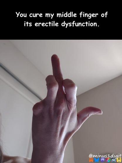 A photo of the author flipping off the camera with his hand that’s missing its left pinky. The caption reads, “You cure my middle finger of its erectile dysfunction.”