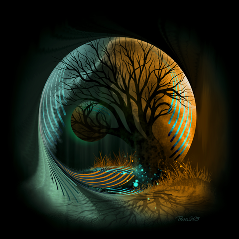 watercolour & ink; a swirl of aqua and orange inside which a large tree trunk curves inward, it's branches bare, a sphere reflect the branches, groups of droplets curve randomly in opposite colour.