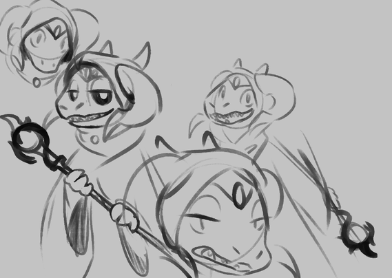 Various doodles of a robed dragonborn wizard in many expressions and poses. Some smiling placidly at the viewer, or staring curiously, or snarling, or gesturing wildly.