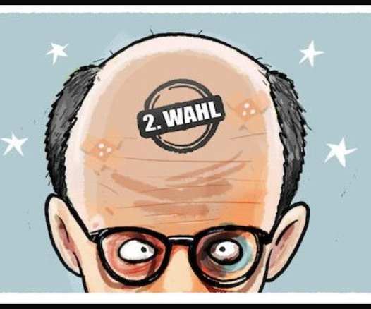 Zeichnung von Merz mit einem Stempel auf der Stirn: 2. Wahl