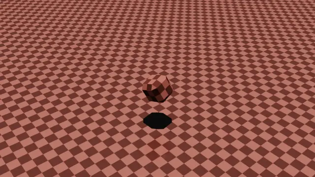 a 3d rendered scene showing a small octagonal object floating above its shadow on a reddish-brown checkered floor pattern.