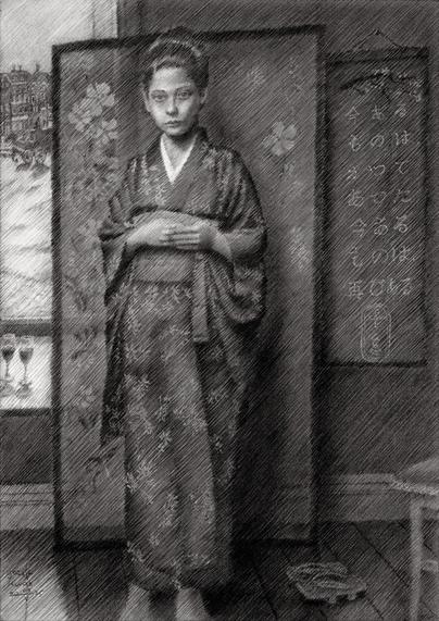 Alive and Kicking

This graphite pencil drawing ‘Geesje kwak – 05-05-25’ is a return to laying hatched strokes in an impressionist style. Last time I employed it was in ‘De Smorenhoek – 15-12-24’. Almost half a year ago. Since then I did a lot of pastels, no oils (still one in progress) and several cubist portraits and nudes. This is how it goes. Last week I was searching for something new. Whilst installing a new laptop I had all the time in the world and then suddenly it hit me. Why not revisit the ‘Geesje Kwak’ theme. Somehow I knew there was still stuff in the basement. However, I ran out of Breitner reference pictures of her but why not make one up myself. After all, my last painting of her as very much altered to my taste. You know, Geesje isn’t dead really. She just lives on to keep us charmed.

A Better Job

Then I thought of a drawing I made of her holding a vase. I knew I could do a better job. A bit static maybe but what if I could broathen the scenery by introducing a window to the left. Then I could do a bit of a homage to Breitner. So I depicted his famous Rokin painting with horse and cart in the back. All my life I simply adored this painting. This time I had a closer look at it and it looks more freely or roughly painted than it lets on. It’s just that I reckon painting the horse and carriage placed in slanted position to be a tall order. Surely, it must have costed him some trouble since it’s not easy to get these proportions right impressionistically.