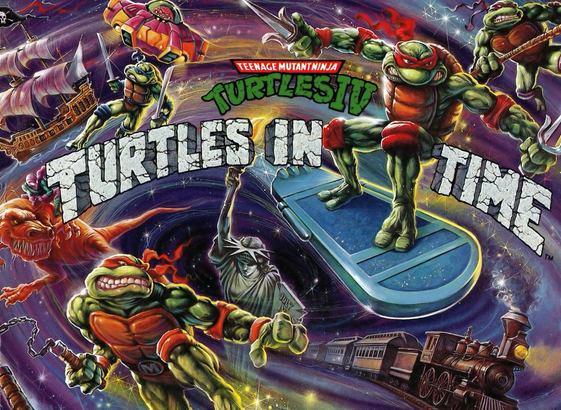 The artwork for the Super Nintendo Entertainment System game Teenage Mutant Ninja Turtles IV: Turtles in Time.