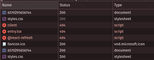Network tab showing all script requests failed with 404 status