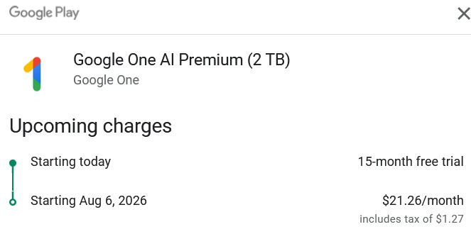 Google One AI Premium (2TB) with a 15-month free trial