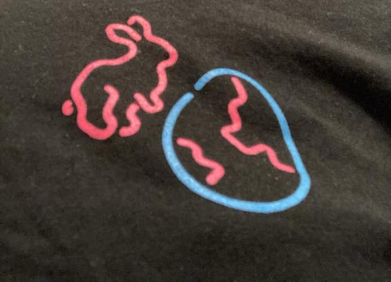 Ein rosa Hase und ein blaues Osterei auf schwarzem T-Shirt.