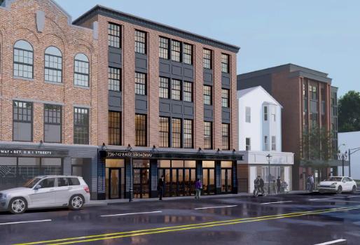 Rendering of proposed four-story apartment building with a restaurant on East Broadway