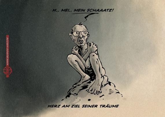 Illustration Merz als sich selbst eng umarmender, nackt auf einem kargen Felsen ins Halbdunkel hockender Golllum. Er sagt sich zweifelnd über die Schulter ins Licht umschauend: M.. Mei… Mein Schaaatz! Textzeile: Merz am Ziel seiner Träume