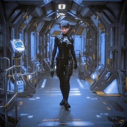 description by chatgpt: A woman walks confidently down the center of a high-tech spaceship corridor. She wears a sleek, glossy black tactical bodysuit with armored sections, gloves, and reinforced boots. Her short, dark hair is styled neatly, and her expression is calm and focused. On her chest is a designation: "PX-423." In her right hand, she carries a compact, futuristic pistol that glows faintly green at the barrel.

The corridor is metallic and industrial, with angular support beams, glowing panels, and yellow warning stripes. The lighting is cool blue and evenly distributed, casting a slight sheen on the floor and suit. Monitors and control panels line the walls, displaying data and diagnostics. Pipes and wiring run along the ceiling and floor, reinforcing the utilitarian design of the vessel.

The environment suggests a starship or advanced space station, and the woman's poised stride and armed presence hint at a mission in progress or a patrol through secured quarters. Her futuristic attire and surroundings convey a setting rooted in science fiction and spacefaring adventure.