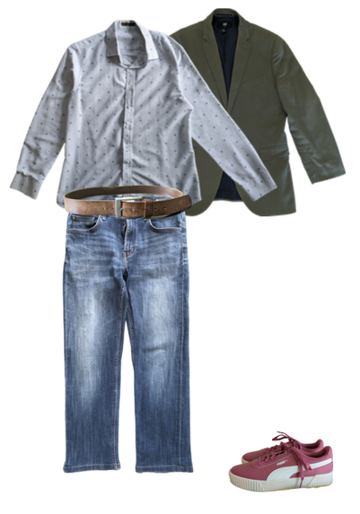 Flat lay of my outfit, consisting of a white and blue dotted long sleeve button up shirt, green blazer, brown belt, blue jeans and pink sneakers