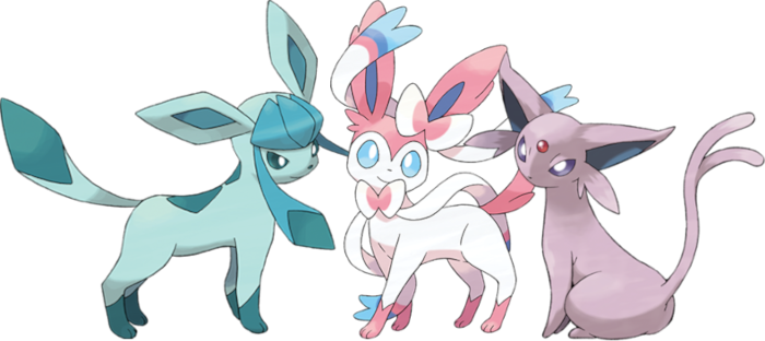 Three pokemon (a glaceon, a sylveon, and an espeon) pose together