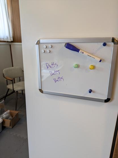 White board, with "butts butts butts" written in purple marker