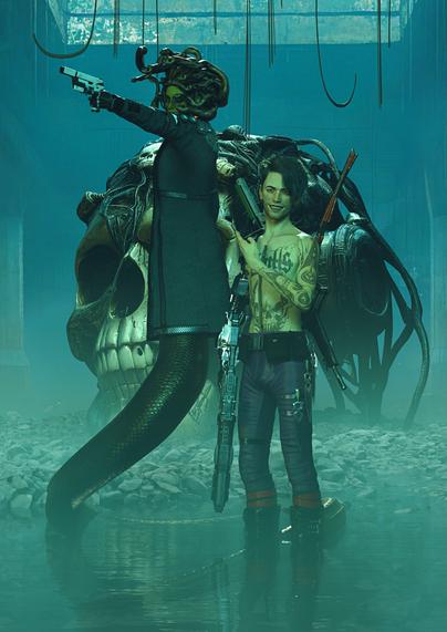 A strange space, somewhere between a temple and a repository for forgotten technology. It's mostly flooded, with ten foot high skull sitting on a small island of stones. The Skull is covered in cybernetic enhancements of gargantuan proportions.

In front of the skull, in the water, a woman with a snake tail where her legs should be rears up four or five feet above the scrawny white man standing next to her. 

The woman has snakes for hair, wears round glasses and wears a woollen overcoat. She has two cybernetic arms and aims a white silenced pistol at something off camera. 

The man is shirtless and covered in tattoos. He has glowing yellow cybernetic eyes and a cybernetic arm. He is also weighed down with weapons - a sword and gun strapped to his back, and three knives on his thigh. He holds a large futuristic rifle in one hand and points at the woman, grinning.
