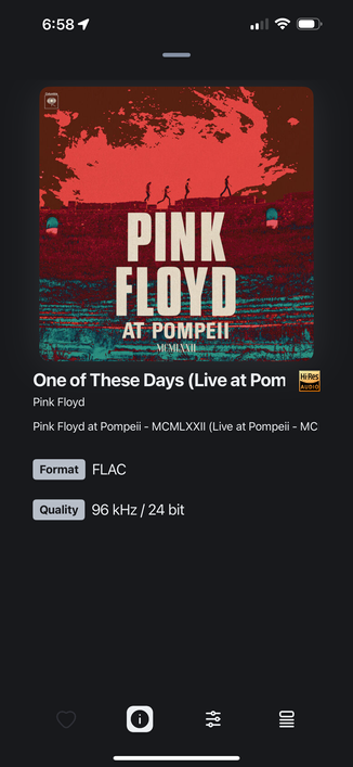 A screenshot from the Denon HEOS iOS app showing a Hi-Res audio file streaming from Qobuz to a Denon integrated amplifier.
