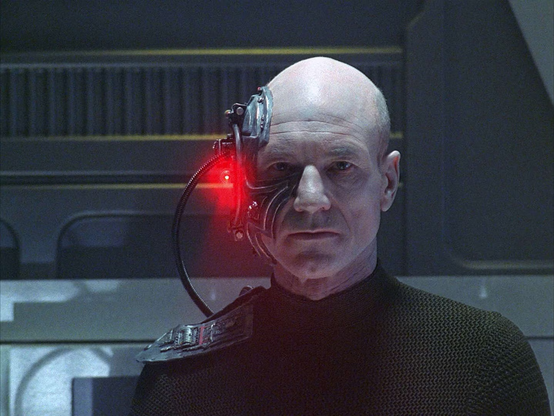 Patrick Stewart as Jean Luc Picard wearing the latest in Borg eyewear.