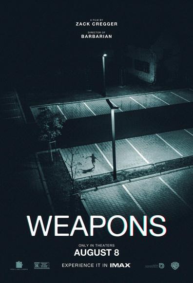 A child runs in the dark of night through a deserted parking lot lit up by street lamps.