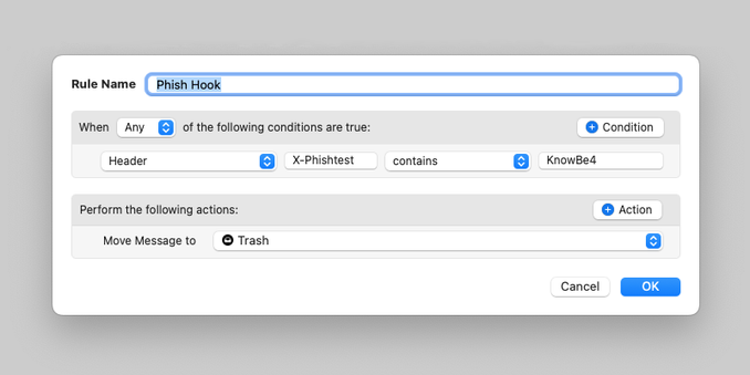 Screenshot of a rule in an email client software. The rule defines a condition to match any message that contains the SMTP header “X-Phishtest” with a value of “KnowBe4.” If there is a match, the rule automatically files the matching message in the trash.