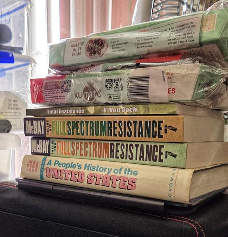 A view of the top of my bedside fridge/freezer #auspol #USPol 

Kumarina #tomatoes - all the taste of a #Cherokee #heirloom but without all the hassle of growing them. 

#Books: #TotalResistance #FullSpectrumResistance volumes 1 & 2 
#APeoplesHistoryOfTheUnitedStates