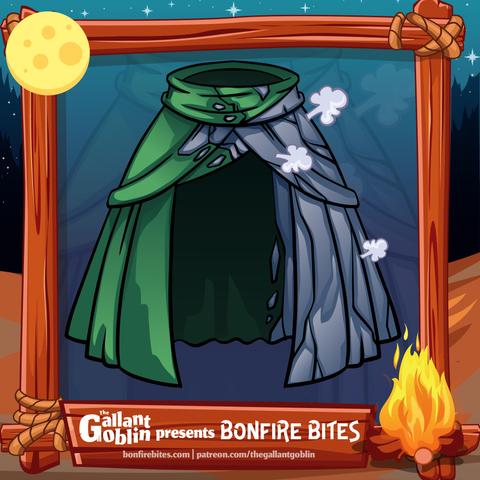 Art of a green cloak that is turning into gray stone on one side as a cloud of dust settles on it.