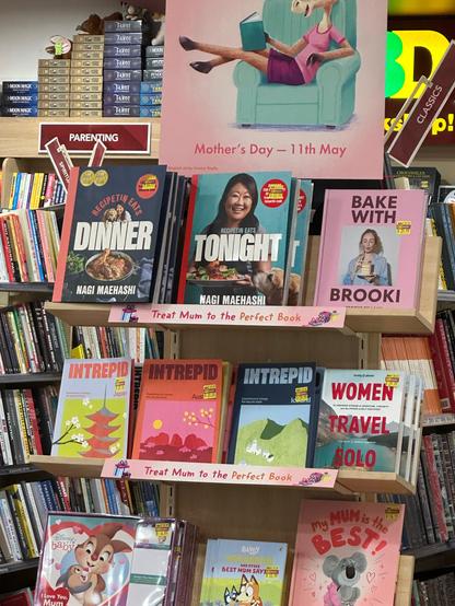 A book display. On the top row, books Dinner and Tonight by Nagi Magehashi, and Bake with Brooki