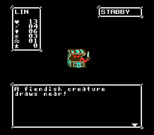 8-bit sprite of a blue treasure chest with red eyes and tentacles coming out of it. The creature is holding a knife and it is named 'Stabby'!